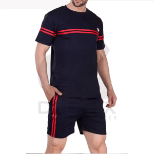 Men’s Summer Sportswear Set – Black T-Shirt & Shorts with Red Stripes