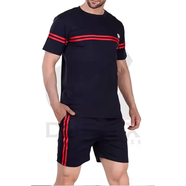 Men’s Summer Sportswear Set – Black T-Shirt & Shorts with Red Stripes